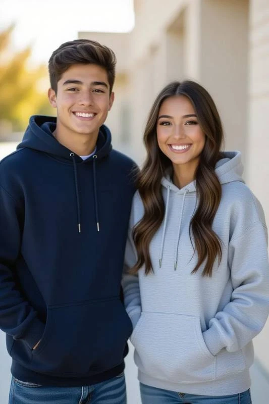 Premium custom-made heather grey hoodie on a hanger, showcasing superior fabric quality for fashion startups.